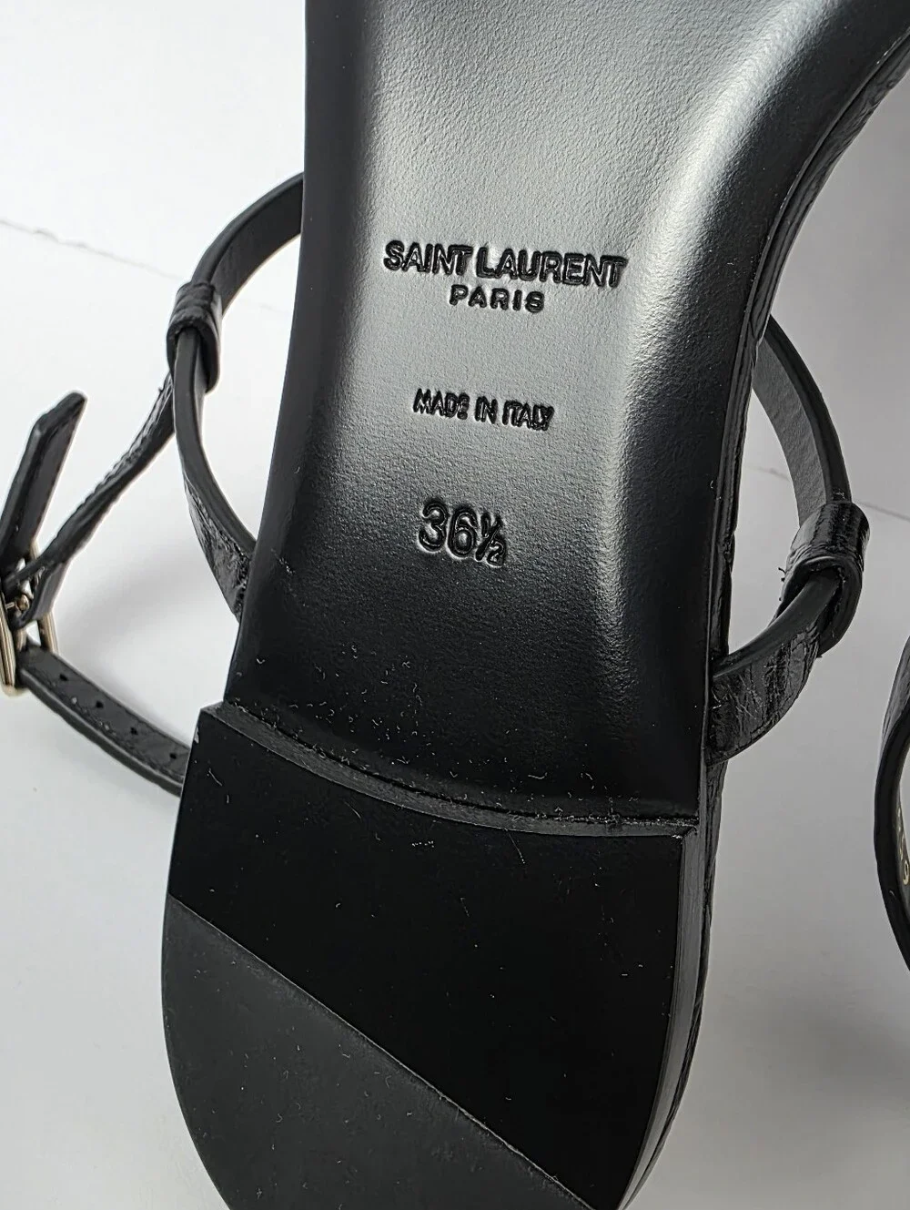 Saint Laurent Cassandra Embossed Croc Flat Sandals Black Size 6.5